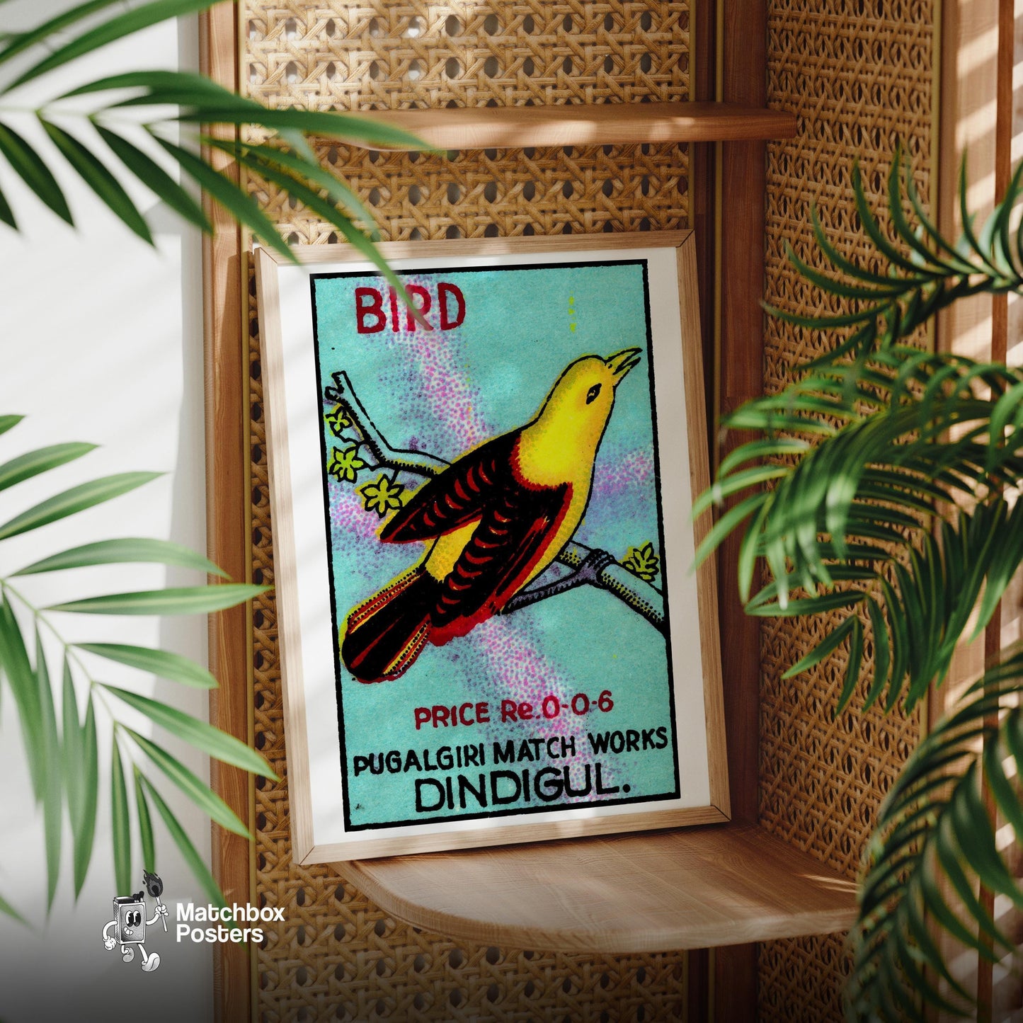 Yellow Bird - vintage matchbox label print - office wall