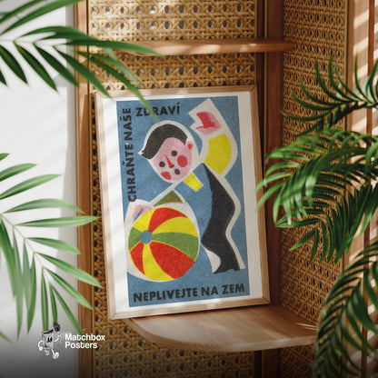 Boy with Beach Ball - vintage matchbox label print - office wall