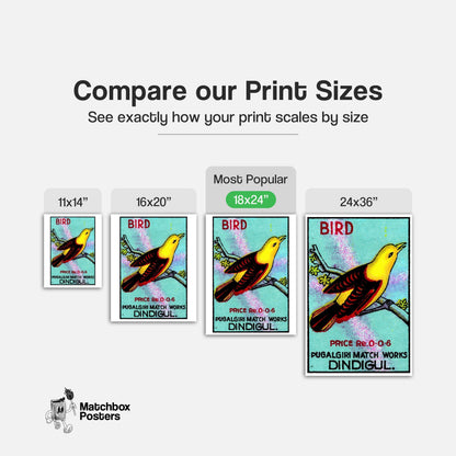 Yellow Bird - vintage matchbox label print - gallery wall preview