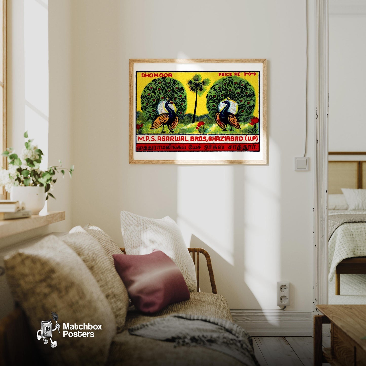 Two Peacocks - vintage matchbox label print - living room mockup