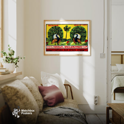 Two Peacocks - vintage matchbox label print - living room mockup