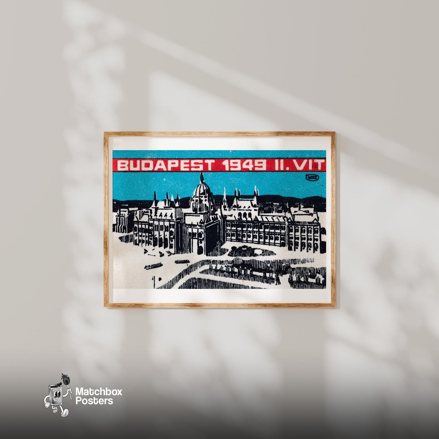 Budapest 1949 - vintage matchbox label print - bedroom mockup