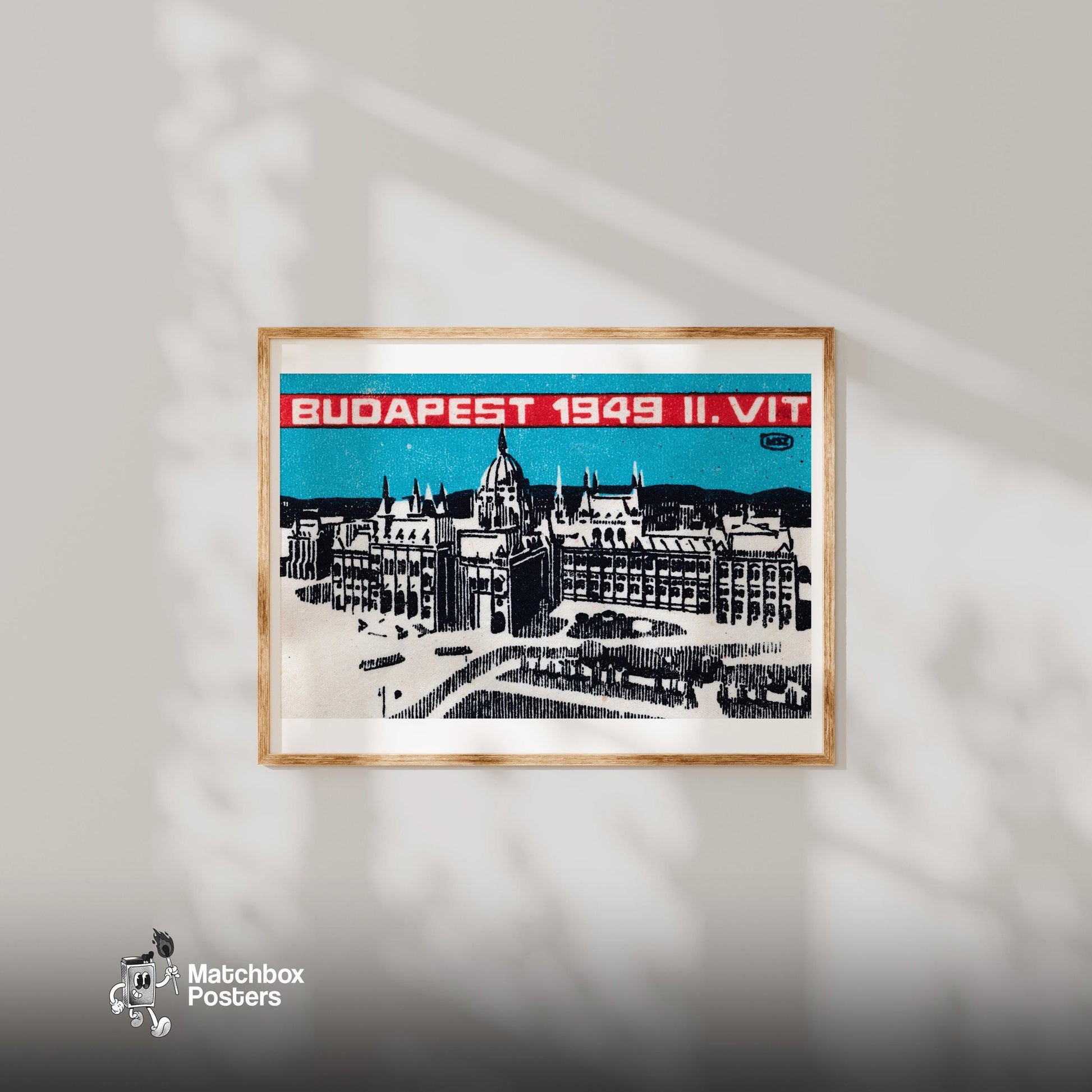 Budapest 1949 - vintage matchbox label print - bedroom mockup