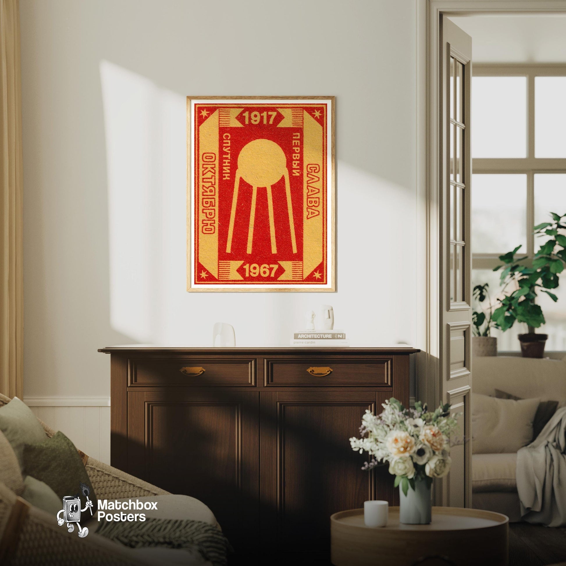Sputnik First Satellite - vintage matchbox label print - living room mockup