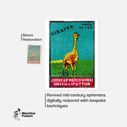 Yellow Giraffe - vintage matchbox label print - framed wall art preview