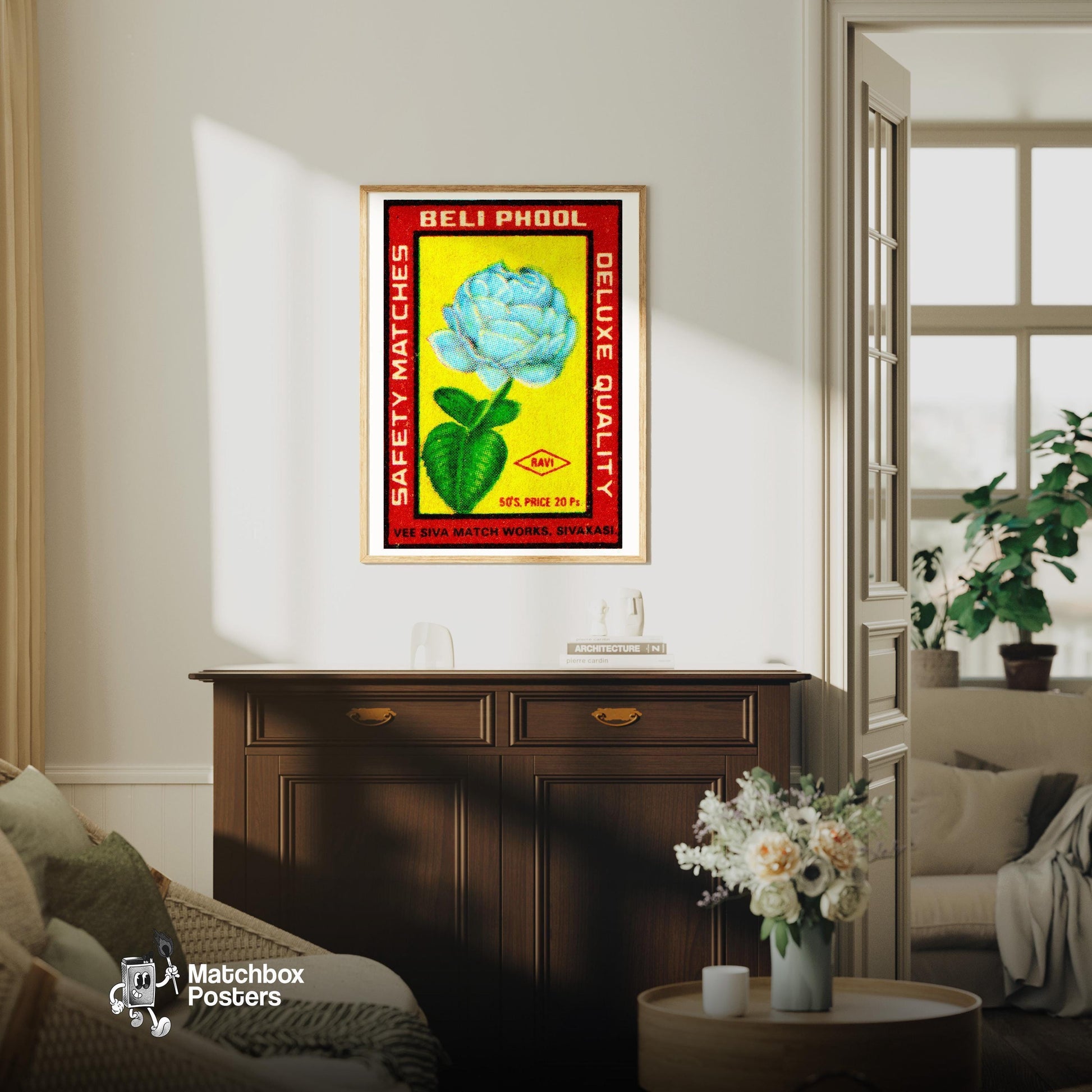 Blue Flower - vintage matchbox label print - living room mockup