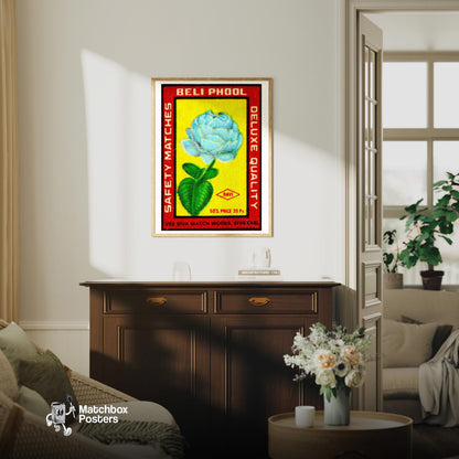 Blue Flower - vintage matchbox label print - living room mockup