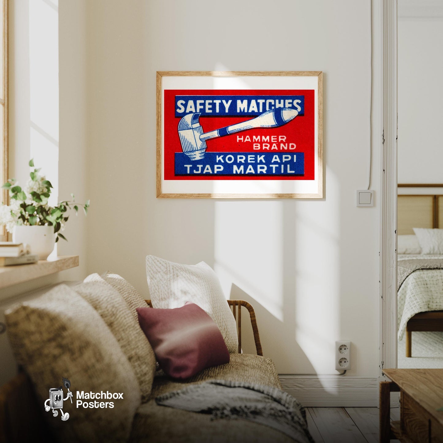 Hammer Brand - vintage matchbox label print - living room mockup