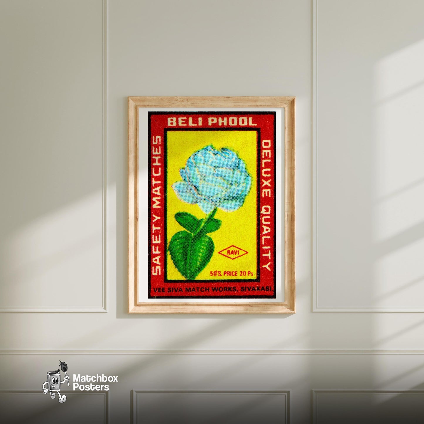 Blue Flower - vintage matchbox label print - bedroom mockup