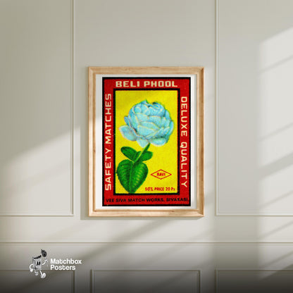 Blue Flower - vintage matchbox label print - bedroom mockup