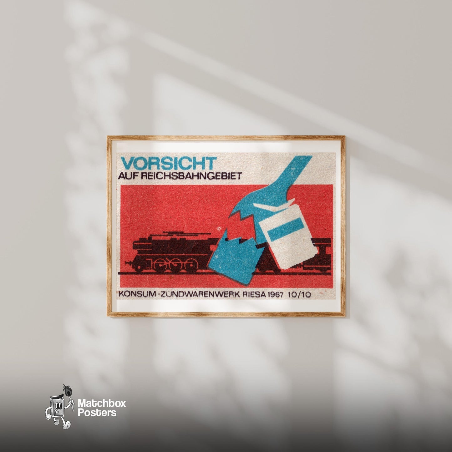Beware Trains - vintage matchbox label print - bedroom mockup