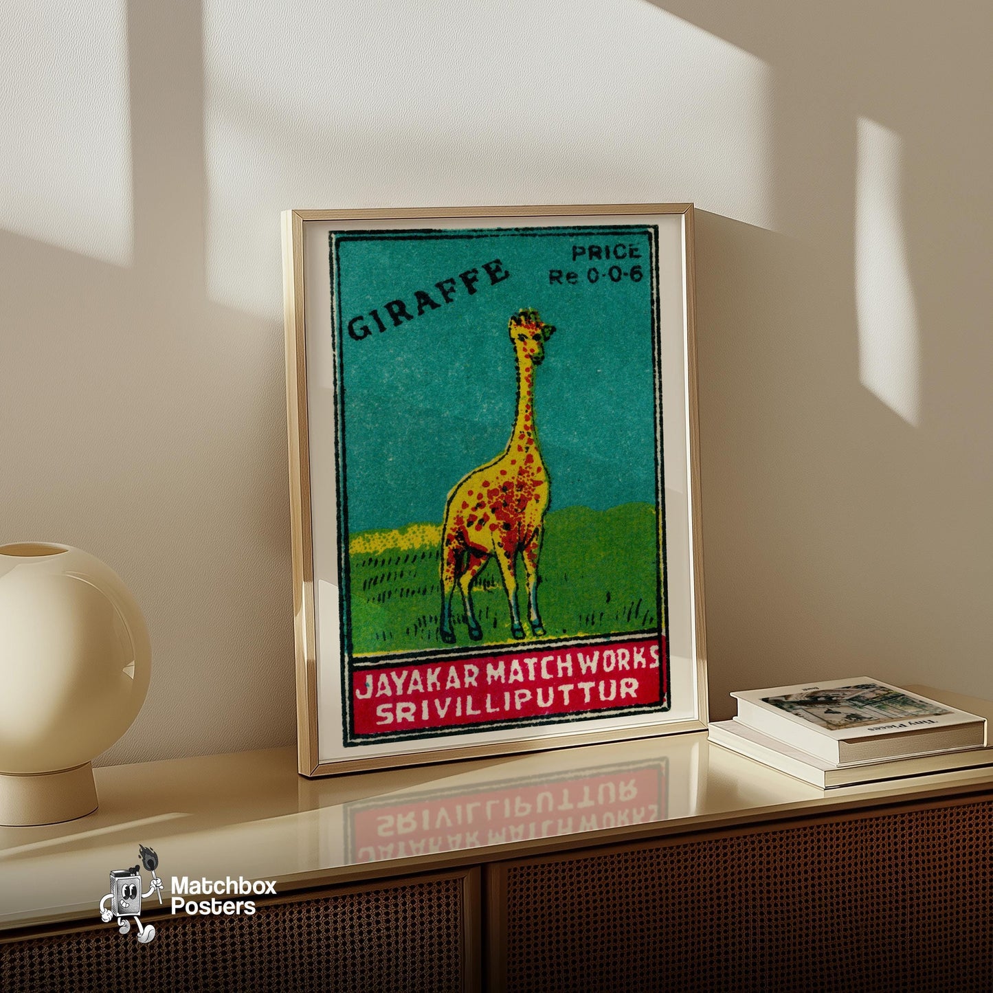 Yellow Giraffe - vintage matchbox label print - size comparison