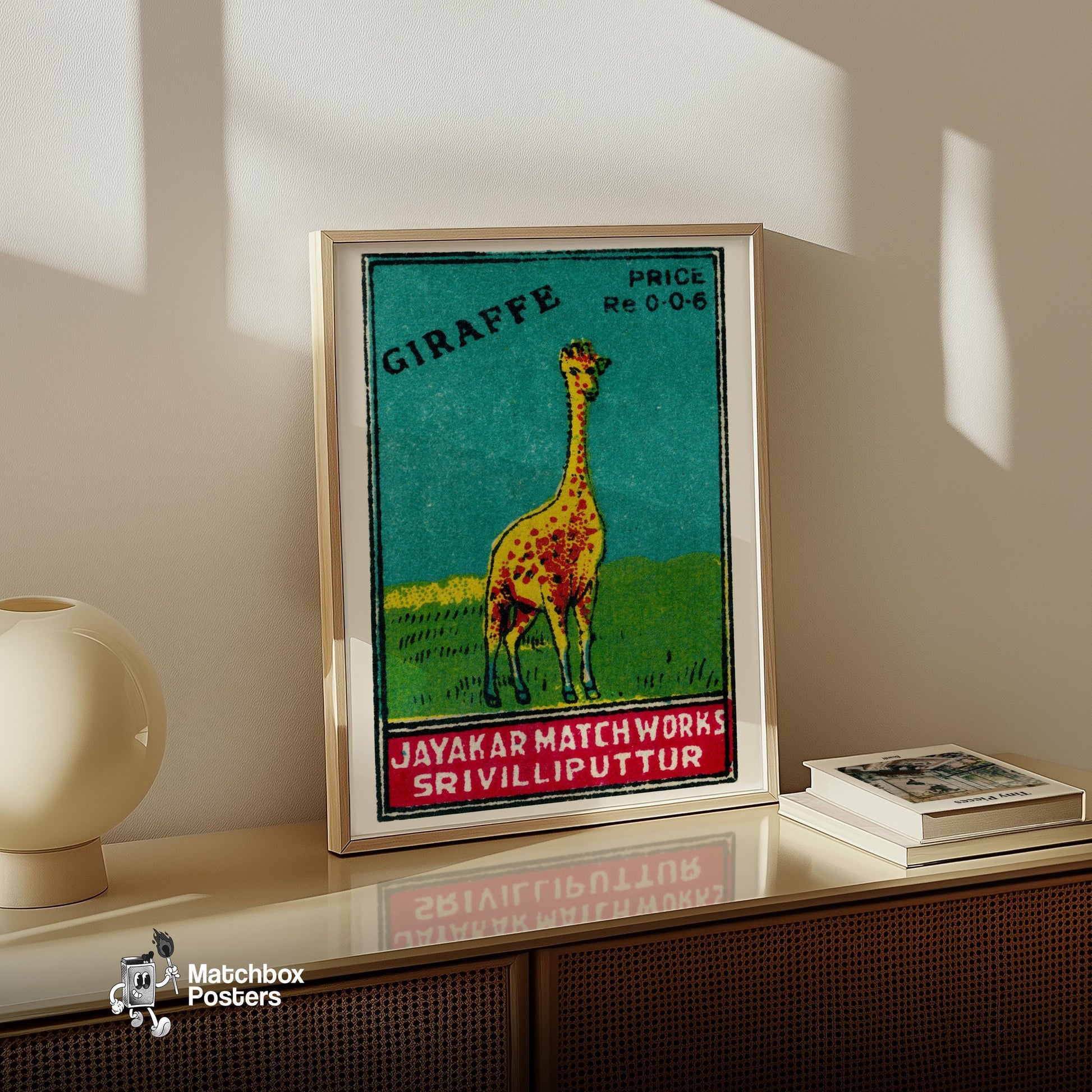 Yellow Giraffe - vintage matchbox label print - size comparison
