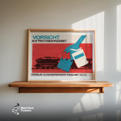 Beware Trains - vintage matchbox label print - size comparison