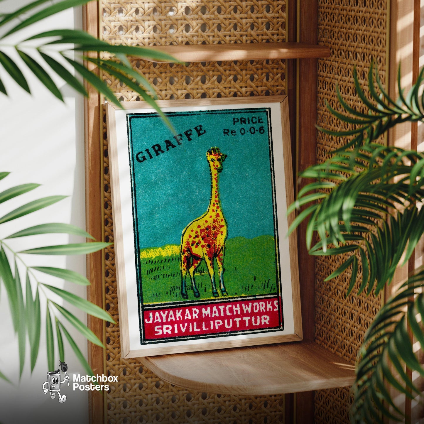 Yellow Giraffe - vintage matchbox label print - office wall