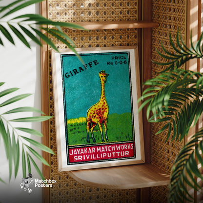 Yellow Giraffe - vintage matchbox label print - office wall