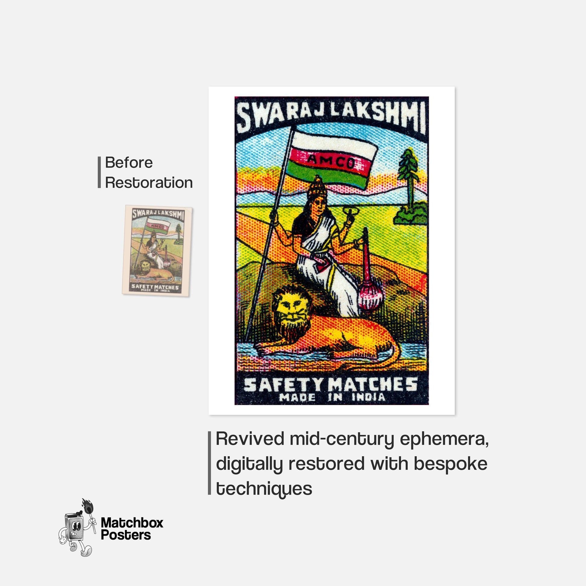 Indian Goddess and Lion - vintage matchbox label print - framed wall art preview