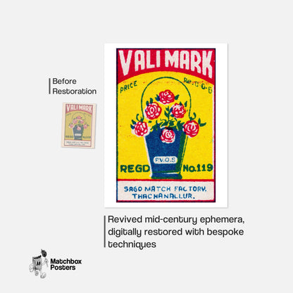 Bucket of Flowers - vintage matchbox label print - framed wall art preview