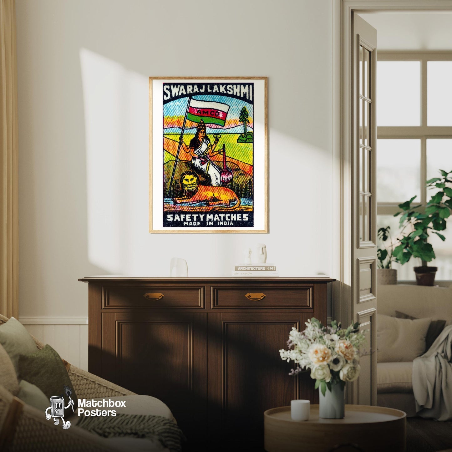 Indian Goddess and Lion - vintage matchbox label print - living room mockup