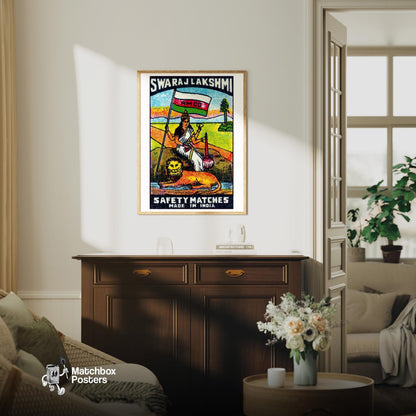 Indian Goddess and Lion - vintage matchbox label print - living room mockup