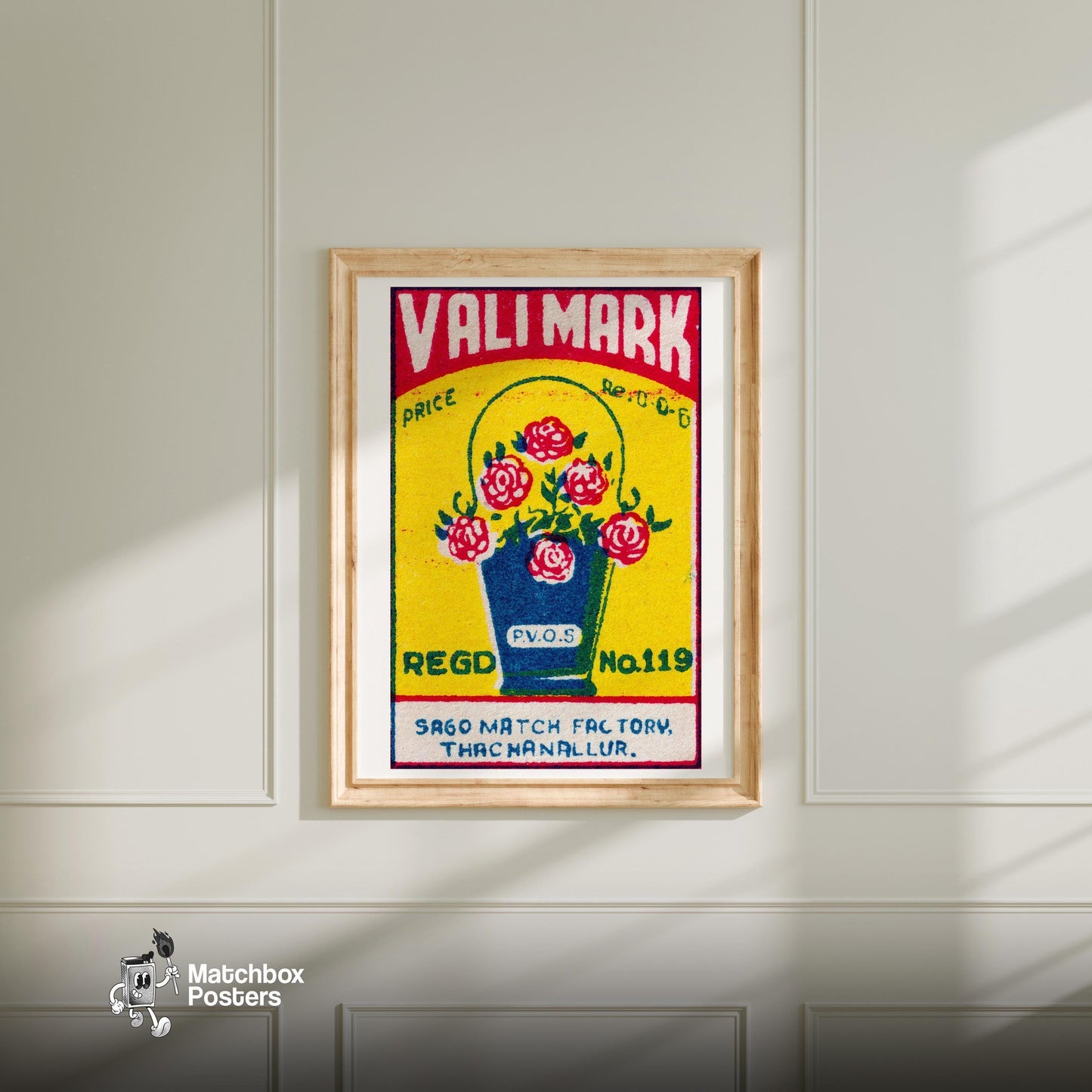 Bucket of Flowers - vintage matchbox label print - bedroom mockup