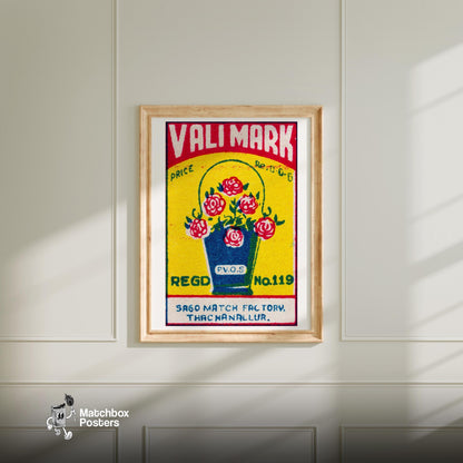 Bucket of Flowers - vintage matchbox label print - bedroom mockup