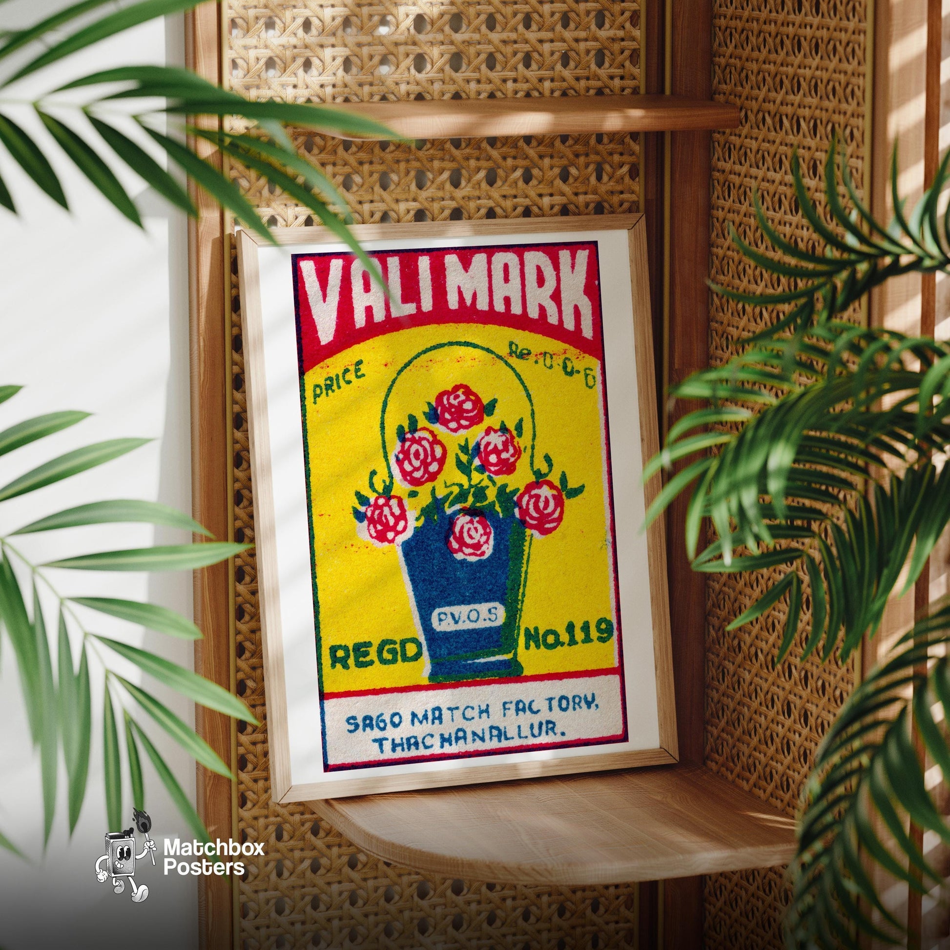 Bucket of Flowers - vintage matchbox label print - office wall