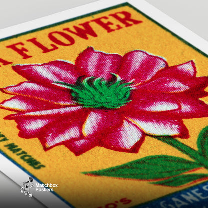 Red China Flower - vintage matchbox label print - close-up detail
