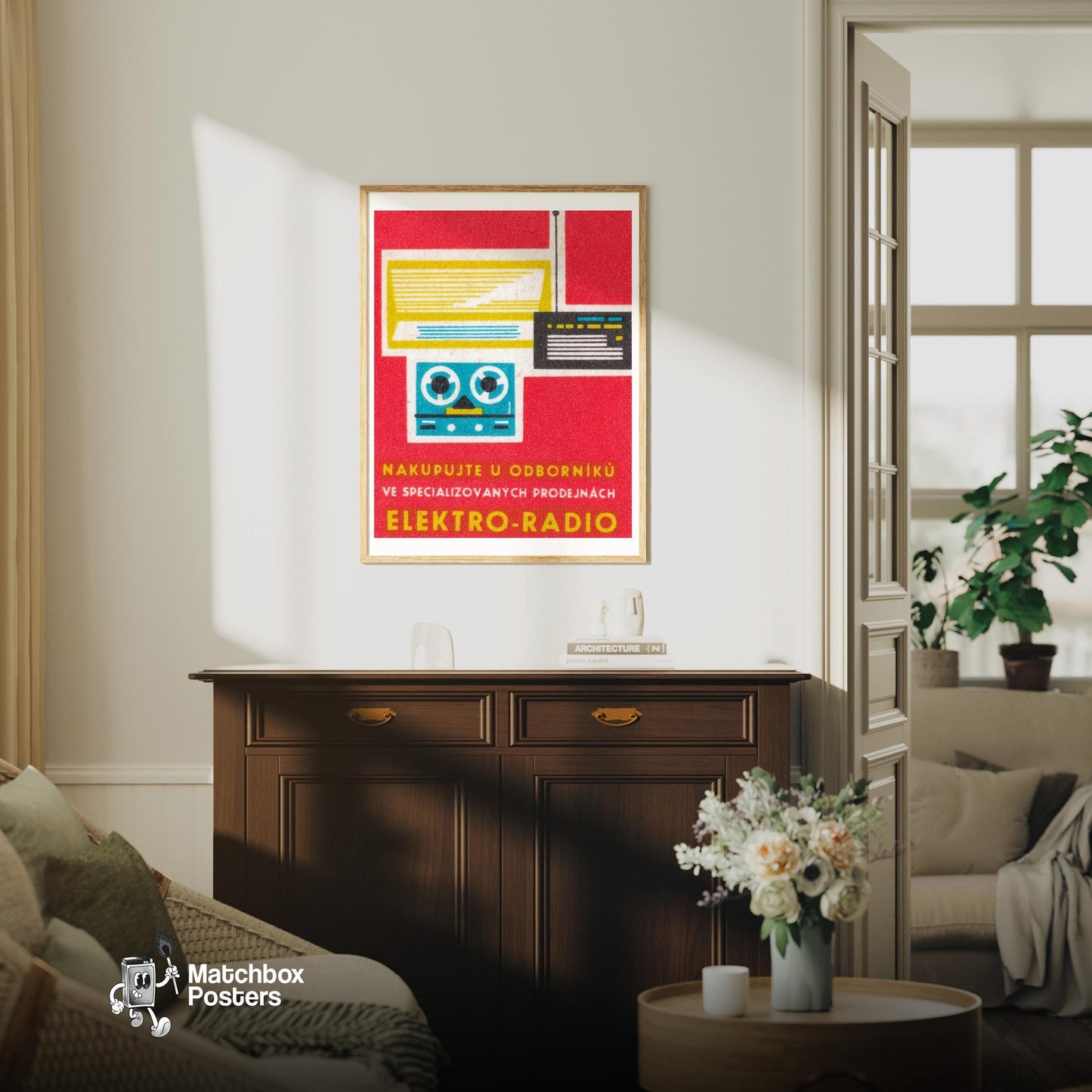 Stylized Illustration Of A Radio - vintage matchbox label print - living room mockup