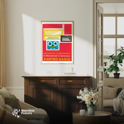 Stylized Illustration Of A Radio - vintage matchbox label print - living room mockup