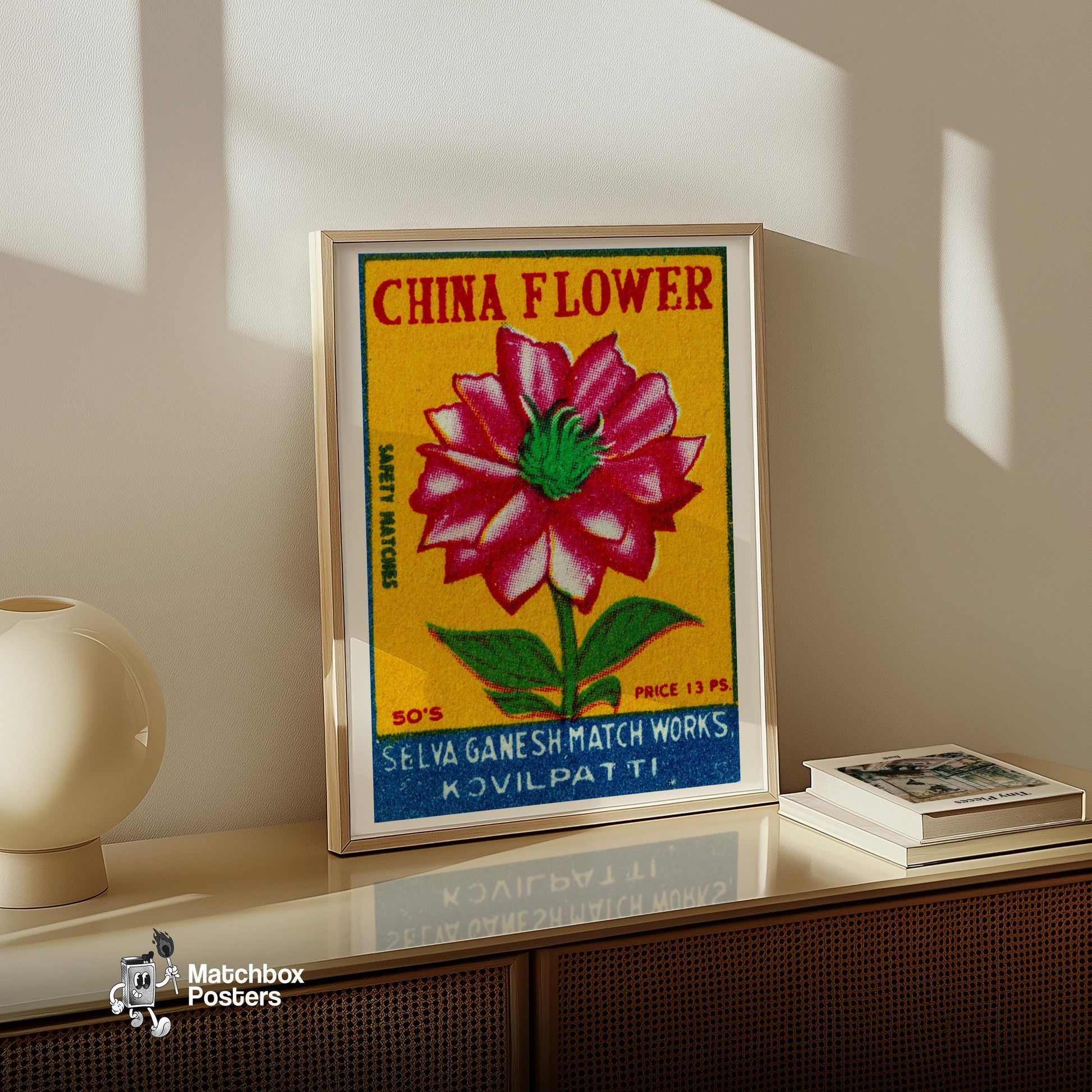 Red China Flower - vintage matchbox label print - size comparison