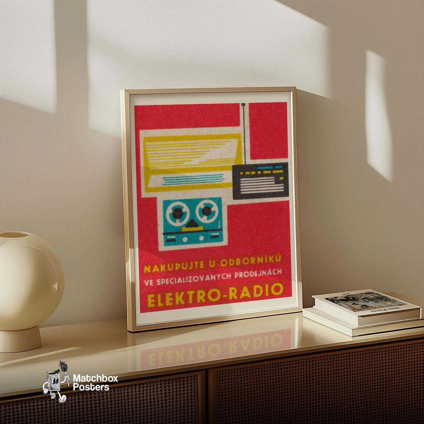 Stylized Illustration Of A Radio - vintage matchbox label print - size comparison