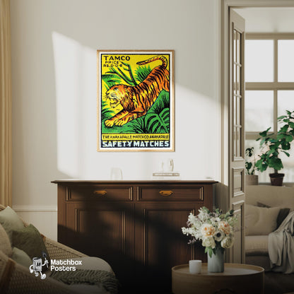 Leaping Tiger - vintage matchbox label print - living room mockup