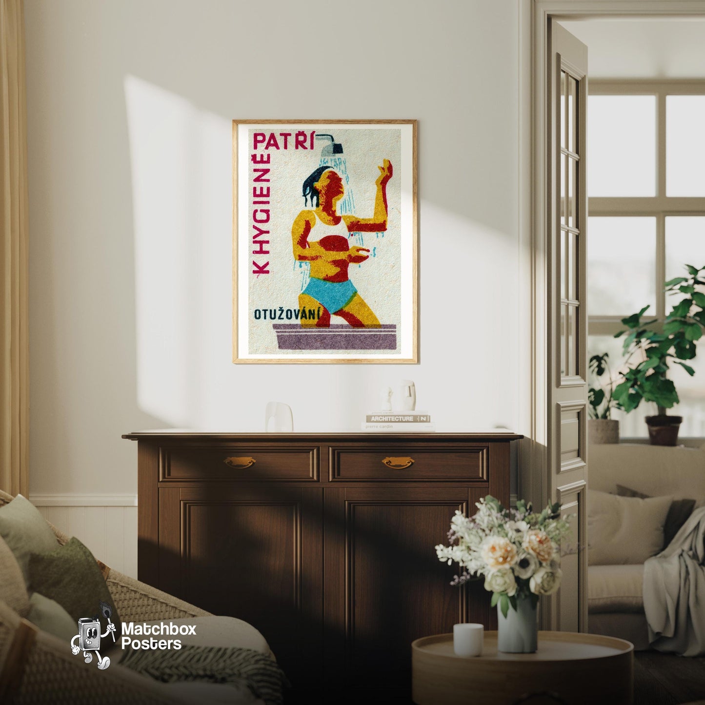 Woman in the Shower - vintage matchbox label print - living room mockup