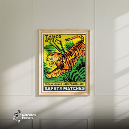 Leaping Tiger - vintage matchbox label print - bedroom mockup