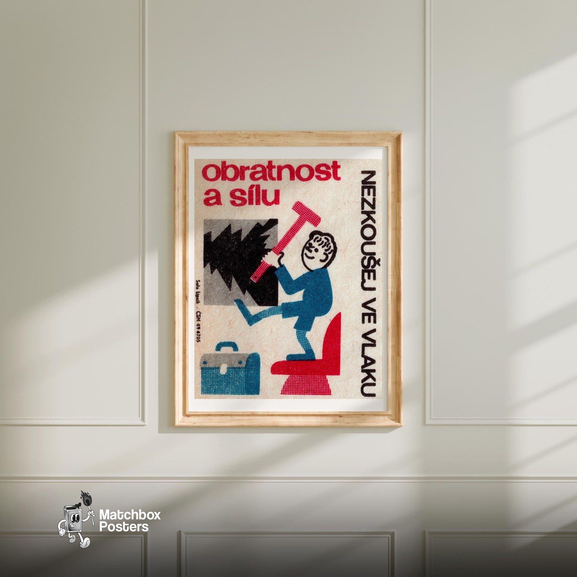 Person with Hammer - vintage matchbox label print - bedroom mockup