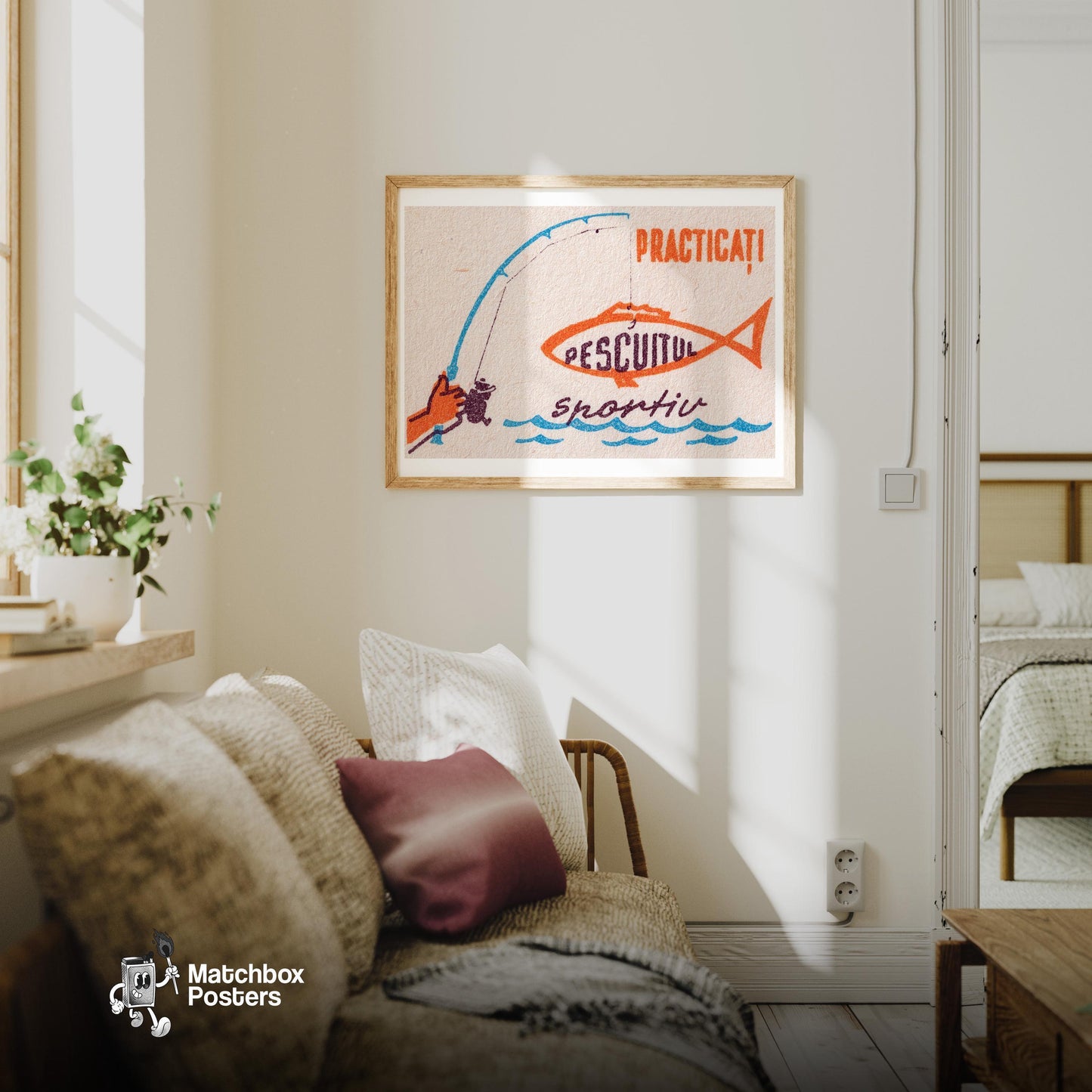 Fishing Scene - vintage matchbox label print - living room mockup