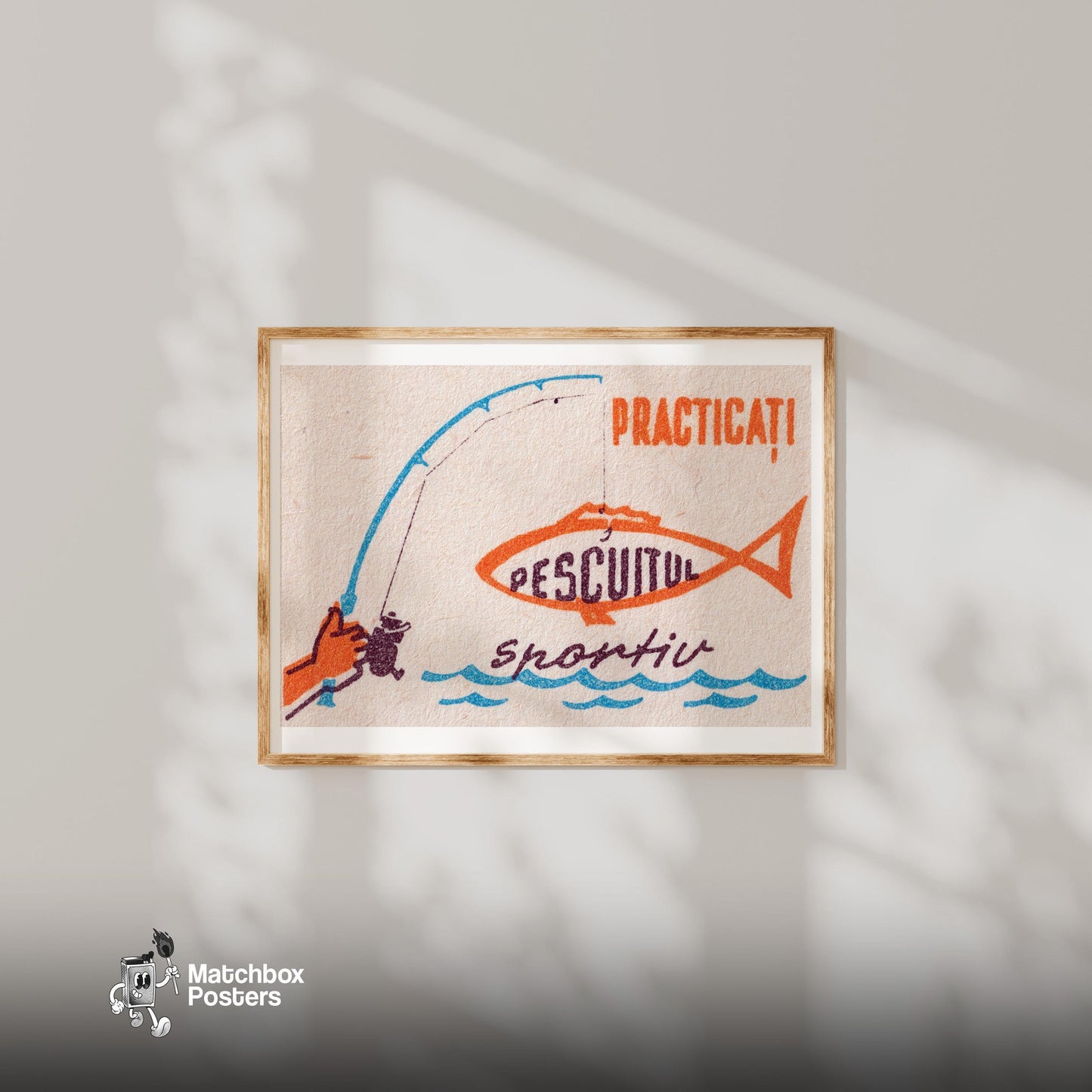 Fishing Scene - vintage matchbox label print - bedroom mockup