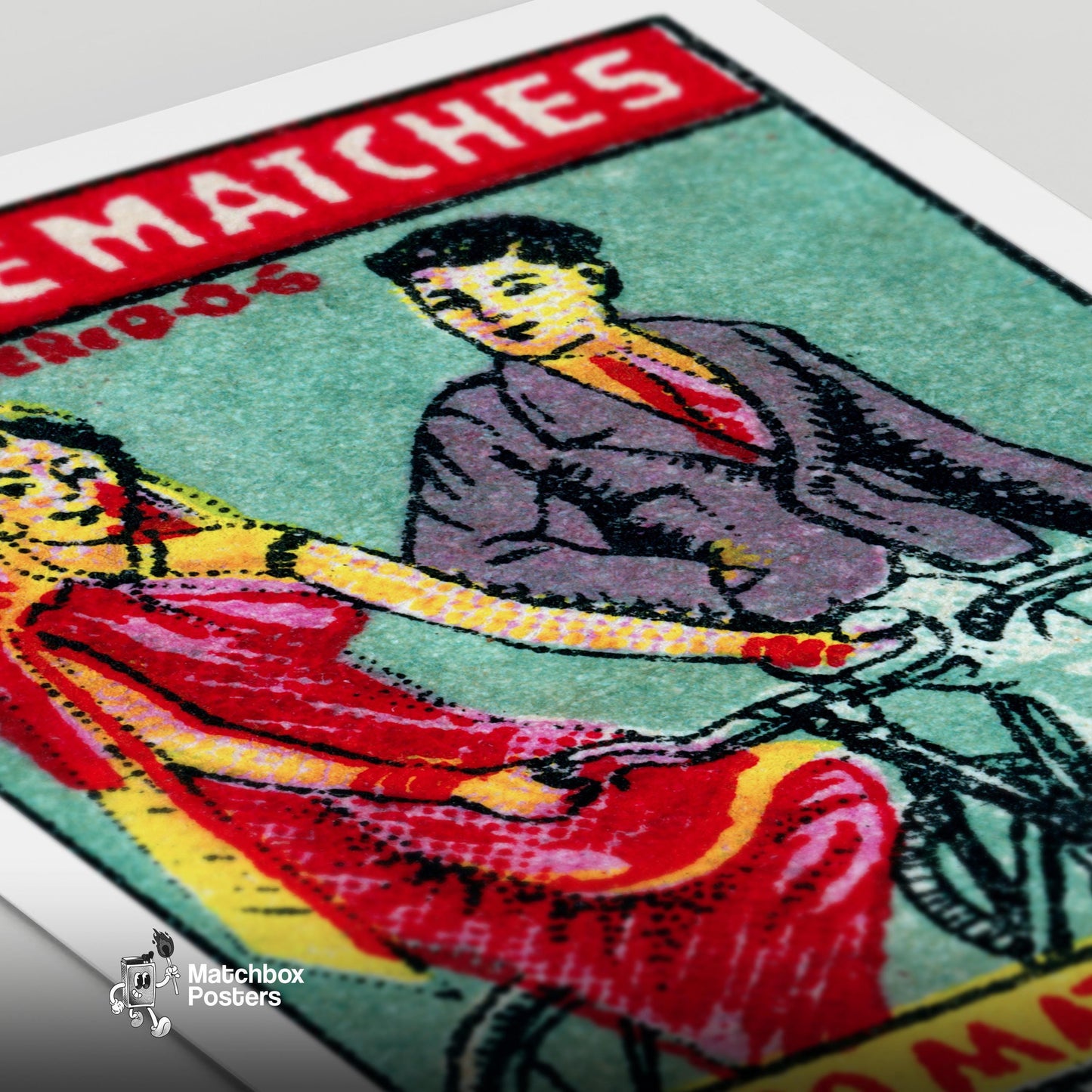 Couple Riding Bicycles - vintage matchbox label print - close-up detail