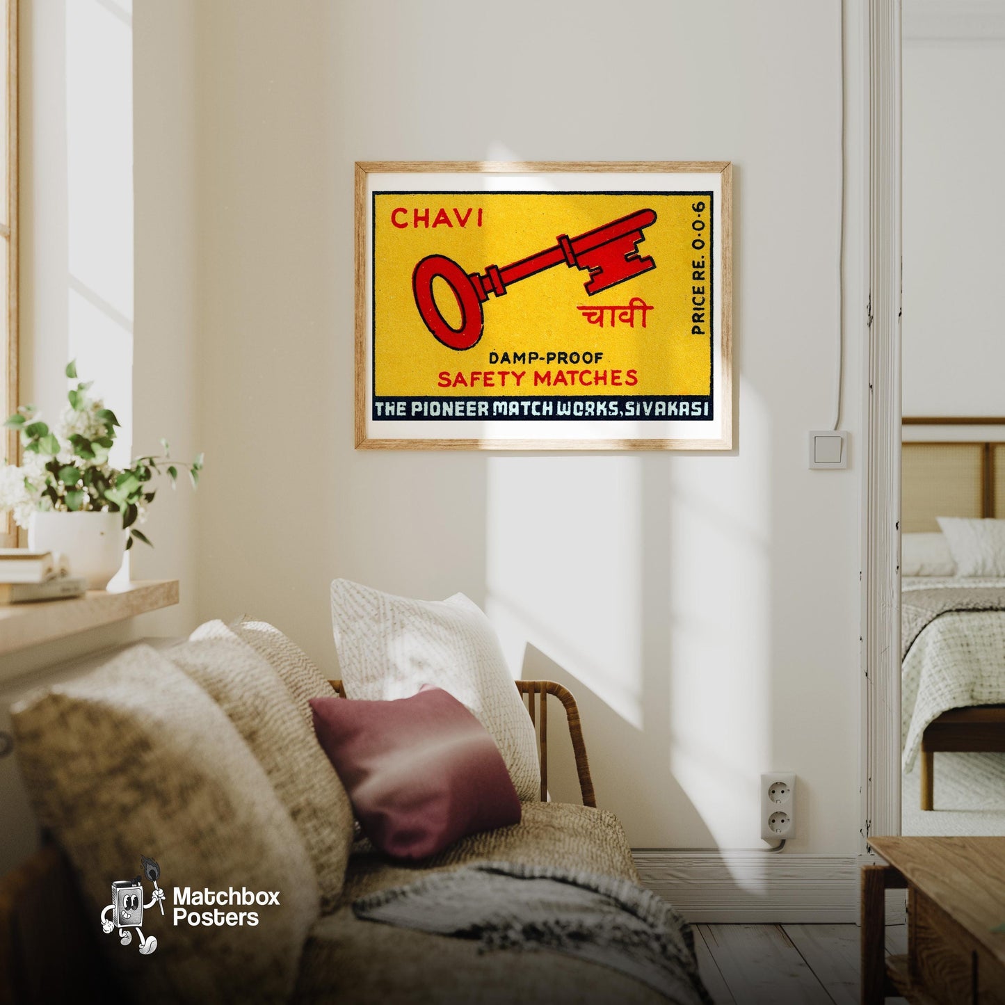 Red Key - vintage matchbox label print - living room mockup