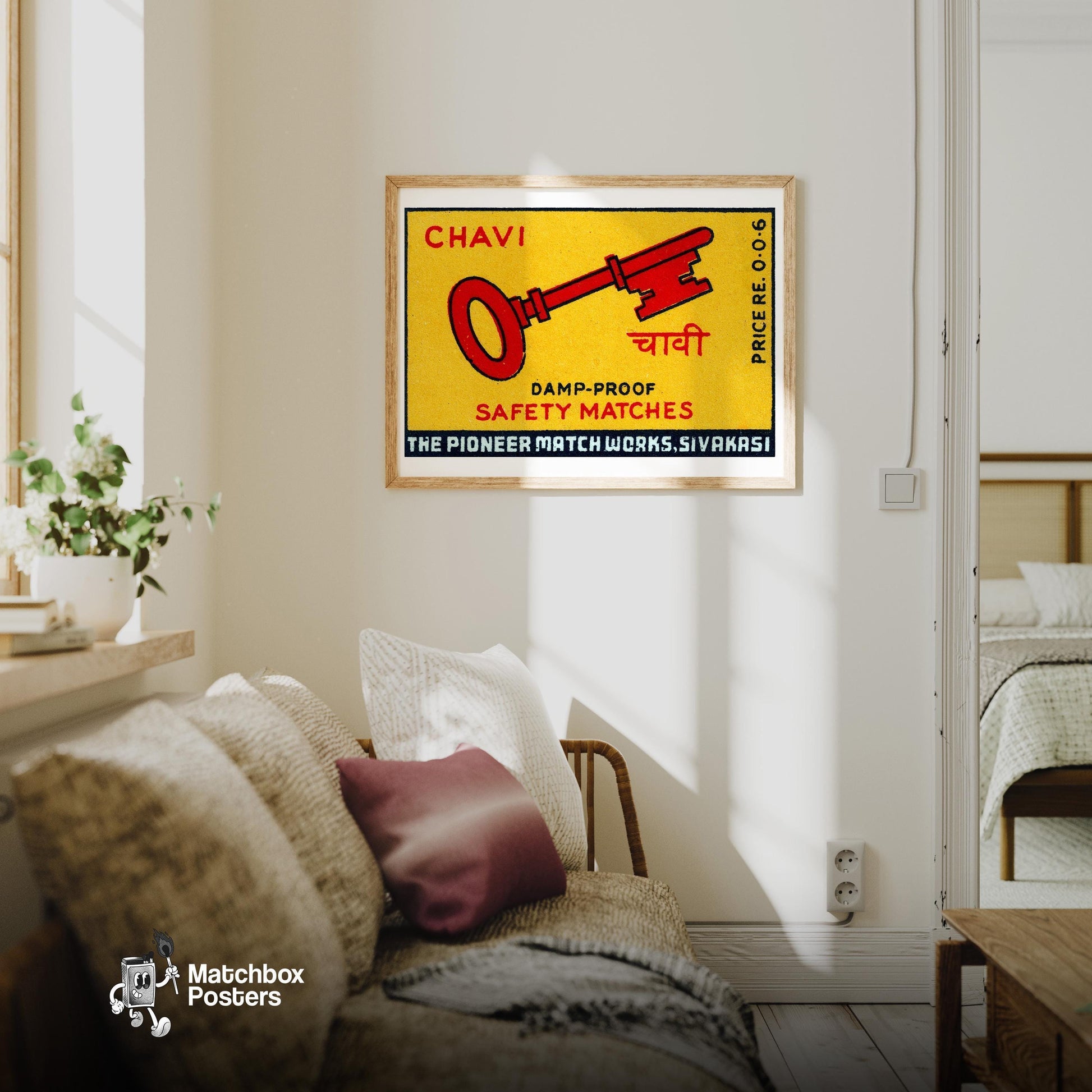 Red Key - vintage matchbox label print - living room mockup