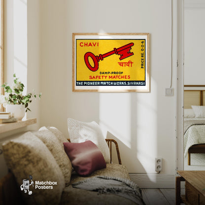 Red Key - vintage matchbox label print - living room mockup
