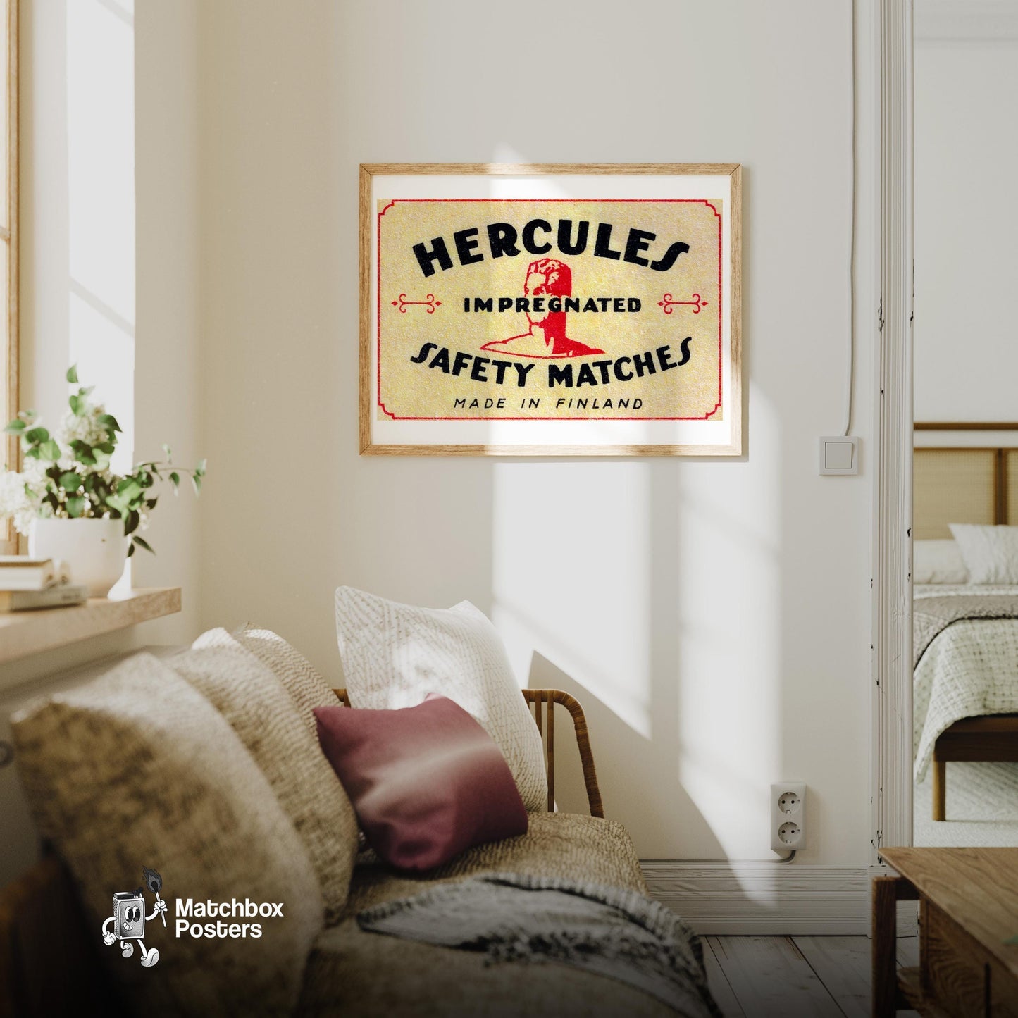 Silhouette Of Hercules Bust - vintage matchbox label print - living room mockup