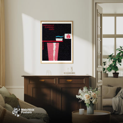 Red Toothbrush and Cup - vintage matchbox label print - living room mockup