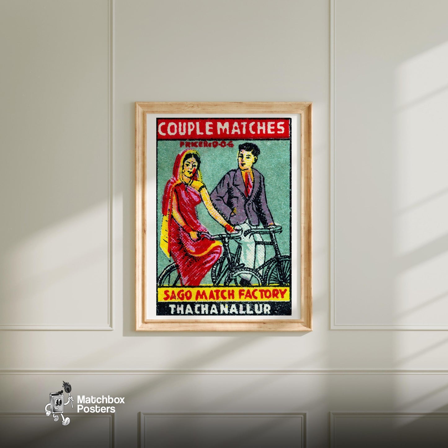 Couple Riding Bicycles - vintage matchbox label print - bedroom mockup