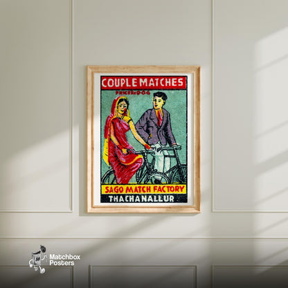 Couple Riding Bicycles - vintage matchbox label print - bedroom mockup