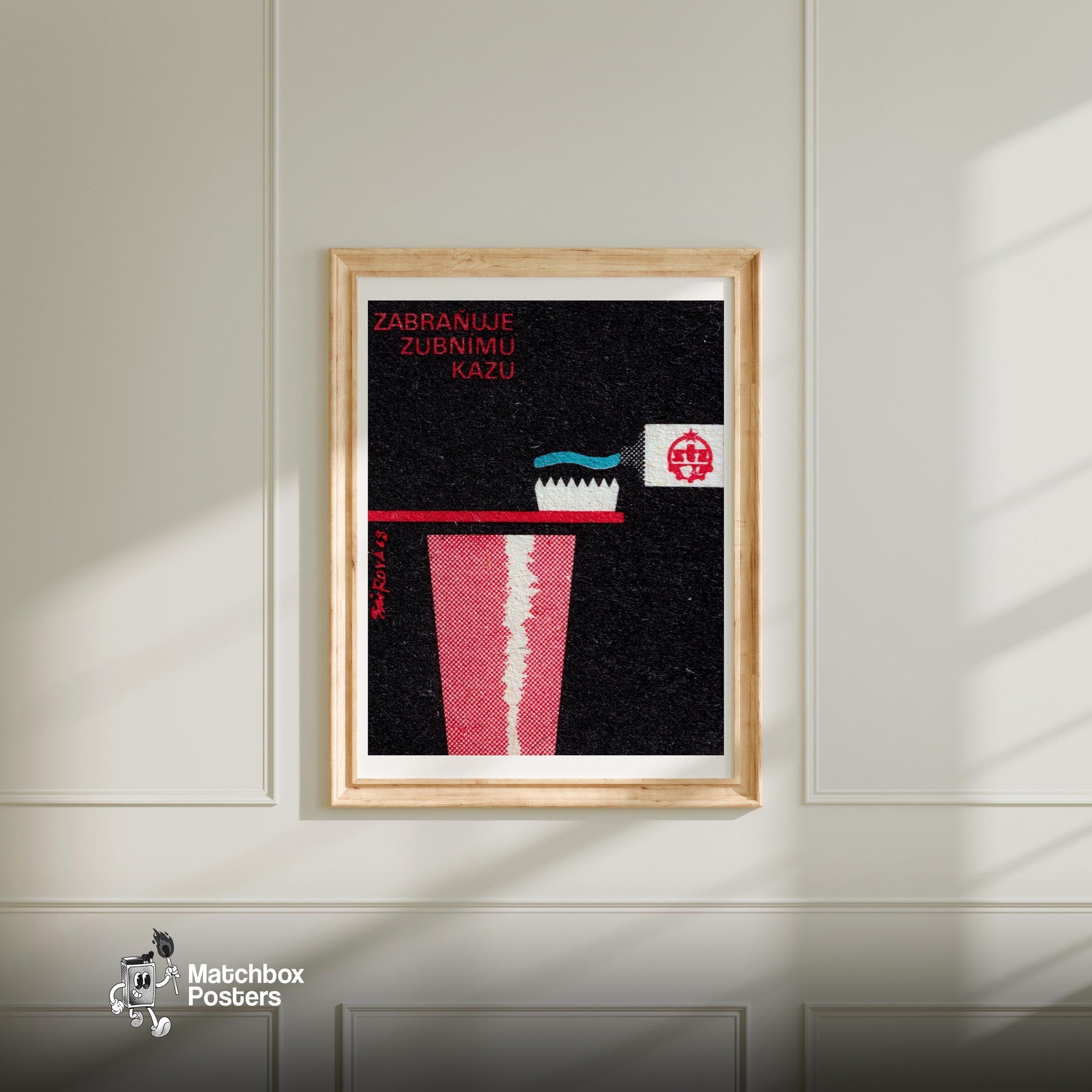 Red Toothbrush and Cup - vintage matchbox label print - bedroom mockup