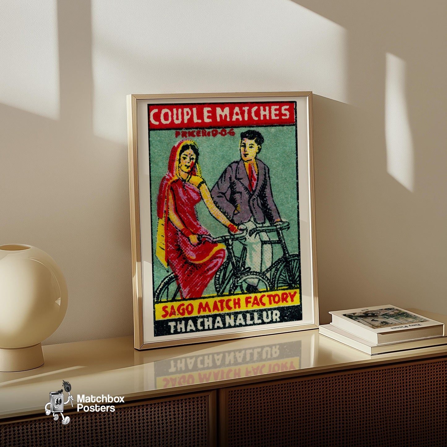 Couple Riding Bicycles - vintage matchbox label print - size comparison