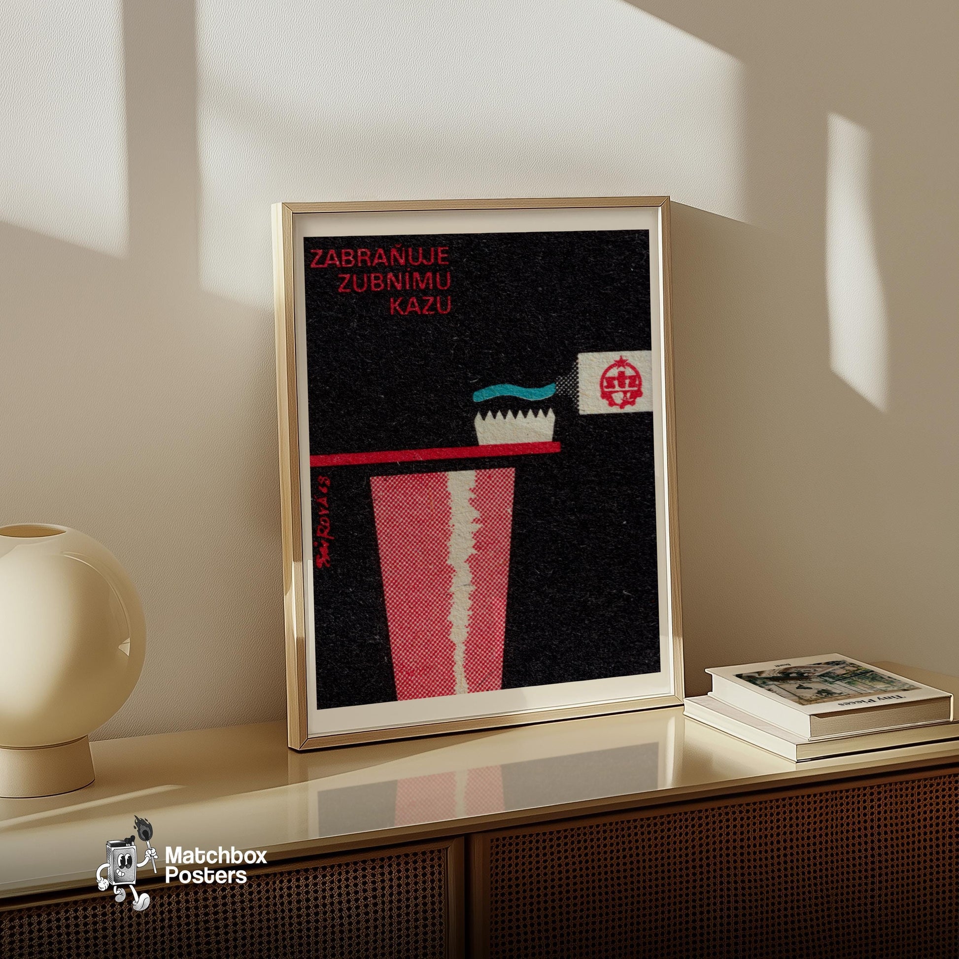 Red Toothbrush and Cup - vintage matchbox label print - size comparison