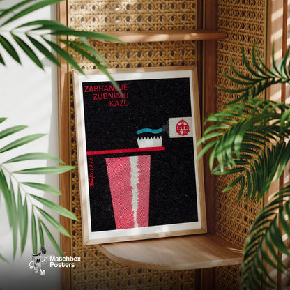 Red Toothbrush and Cup - vintage matchbox label print - office wall